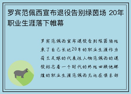 罗宾范佩西宣布退役告别绿茵场 20年职业生涯落下帷幕 罗宾范佩西宣布退役告别绿茵场 20年职业生涯落下帷幕