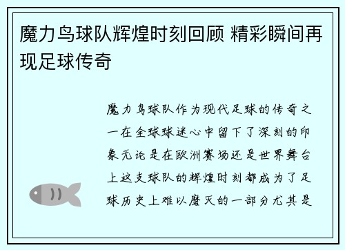 魔力鸟球队辉煌时刻回顾 精彩瞬间再现足球传奇