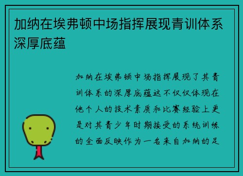 加纳在埃弗顿中场指挥展现青训体系深厚底蕴